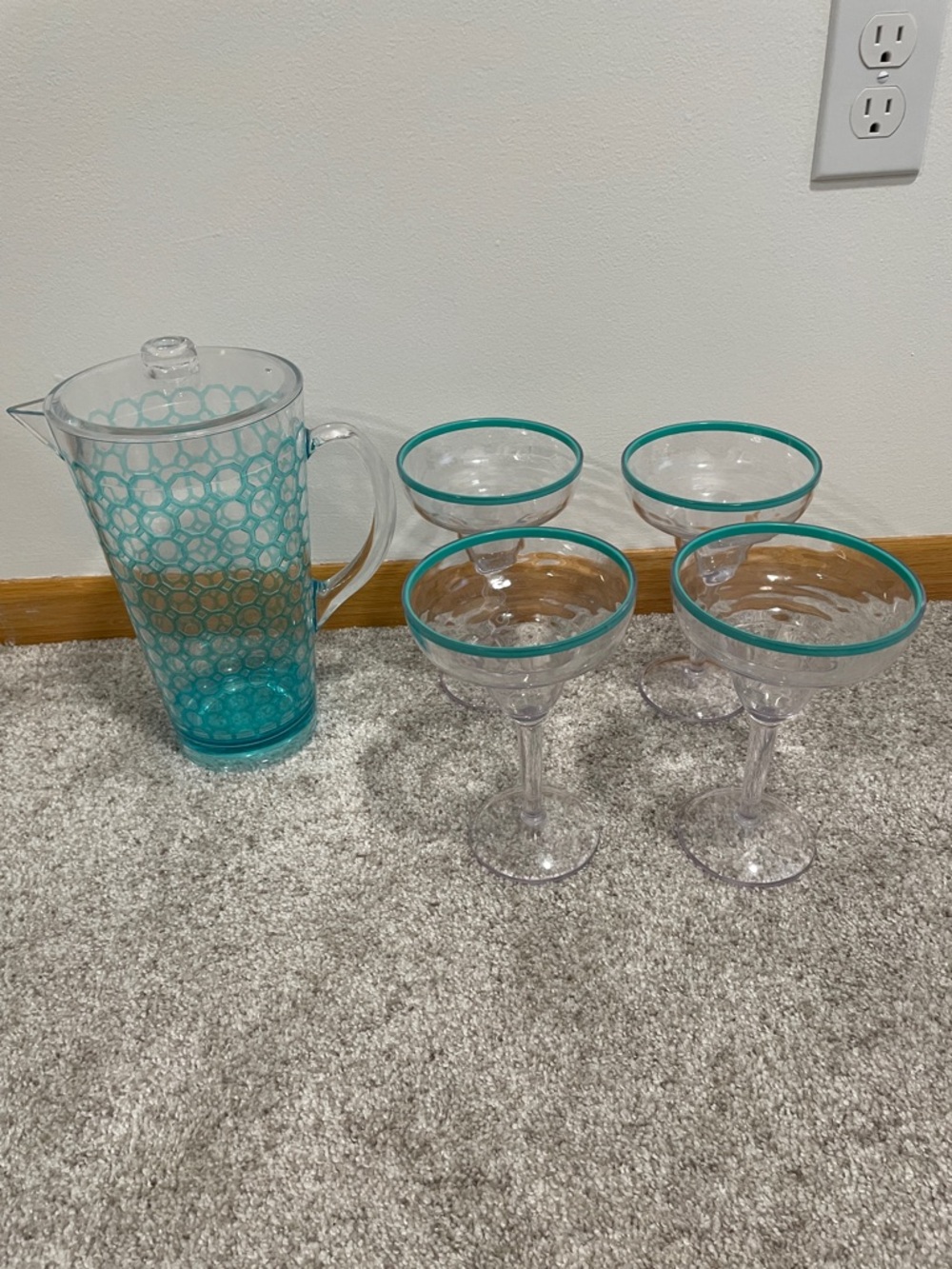 Turquoise-Rim Plastic Pitcher and 4 Margarita Glasses Set